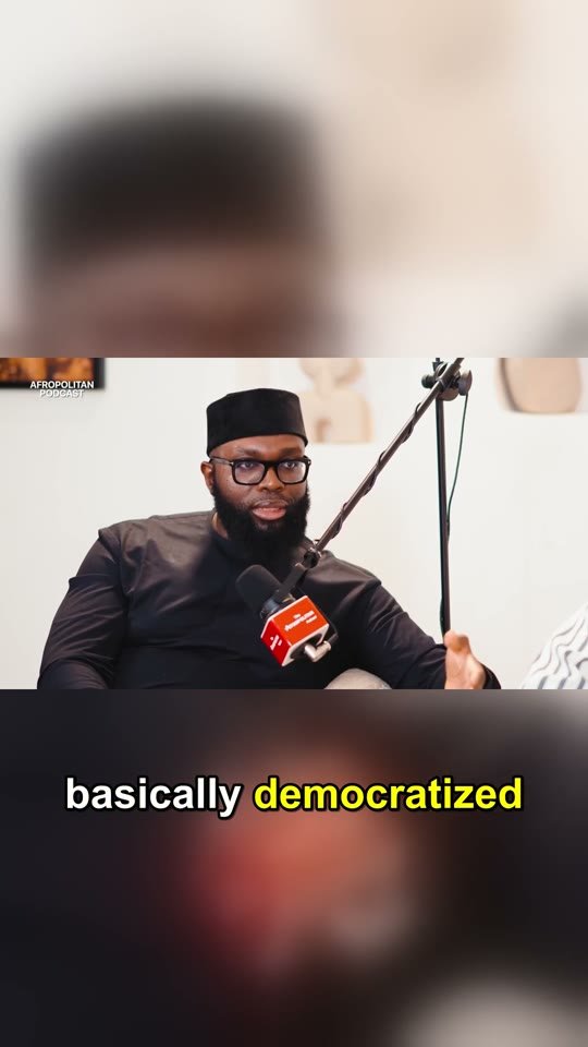 Vertical clip of a podcast guest with the caption 'basically democratized'