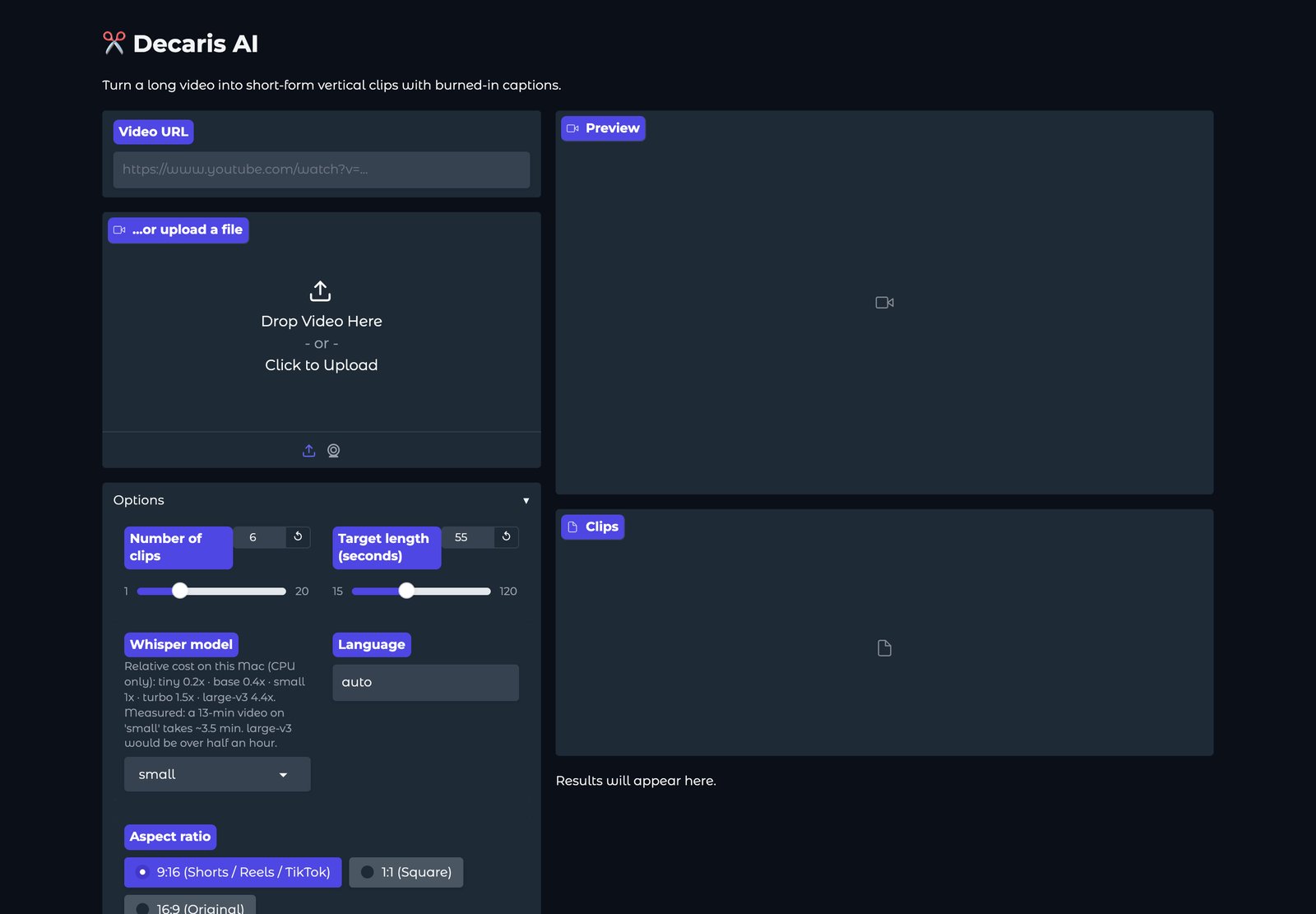 The Decaris AI app: a video URL field, a file upload area, clip options on the left and a preview and clip list on the right