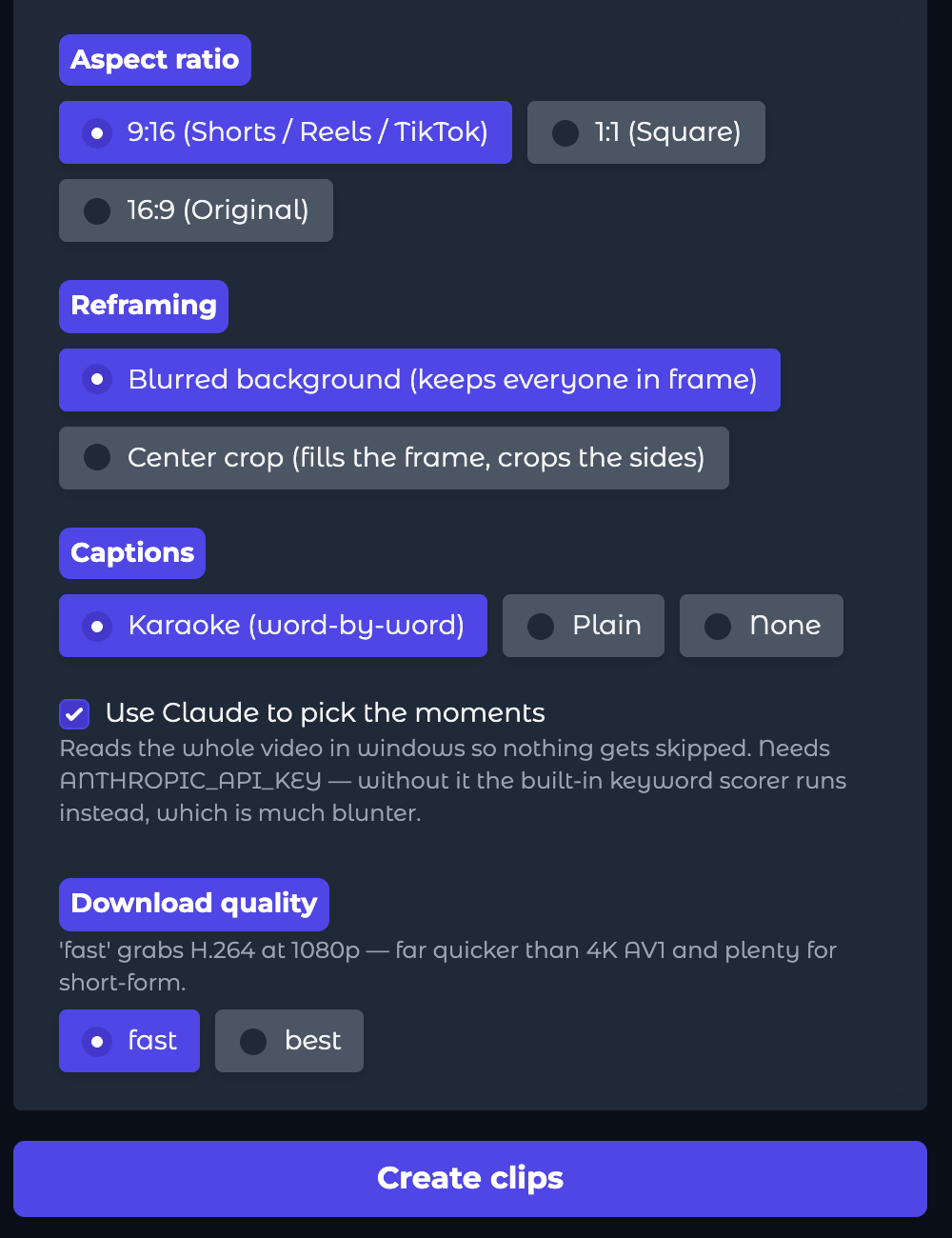 Decaris AI options: aspect ratio, reframing, captions, Claude moment selection, download quality and the Create clips button